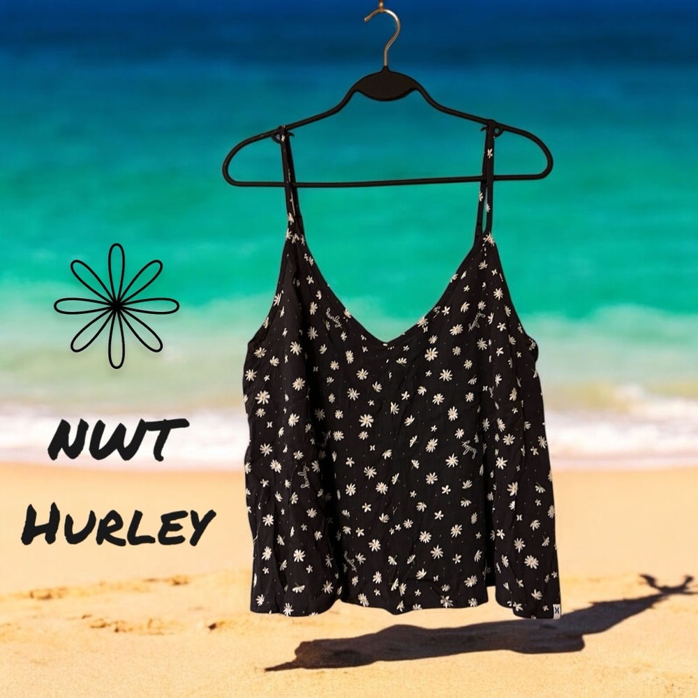 NWT Hurley Black with White Daisy Print Halter Top